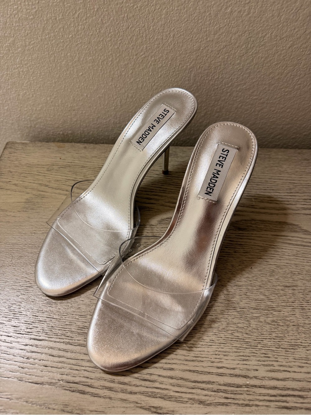 Steve Madden silver Open-Toe Mule Heels with Clear Strap size 7